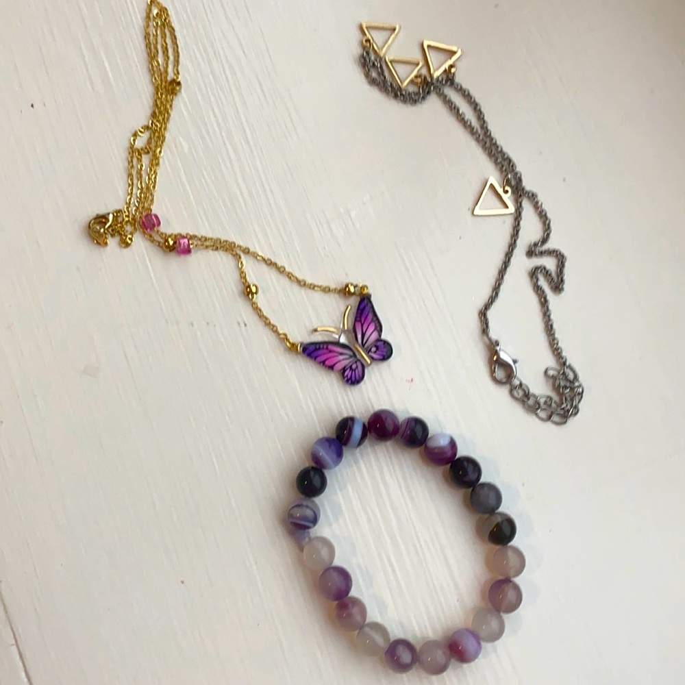 Gold chain expensive butterfly necklace triangle necklace and amethyst bracelet